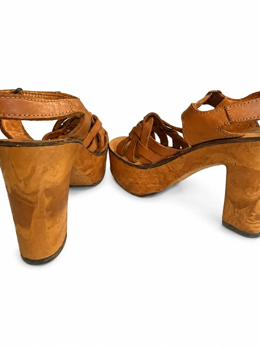 Vintage 70s Leather & Faux Wood Platform Sandals